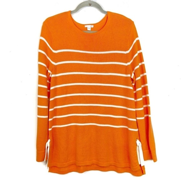 J. Jill Long Sleeve Orange White Striped Side Tie Crew Neck Knit Sweater Size M - Picture 1 of 9